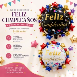 Globo decorativo feliz cumpleaños con borde estrellado